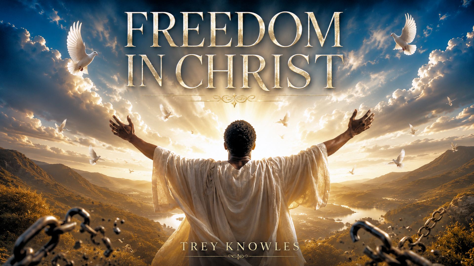 Freedom in Christ artwork by Trey Knowles with a worshipper raising his arms beneath doves and radiant light as broken chains fall away