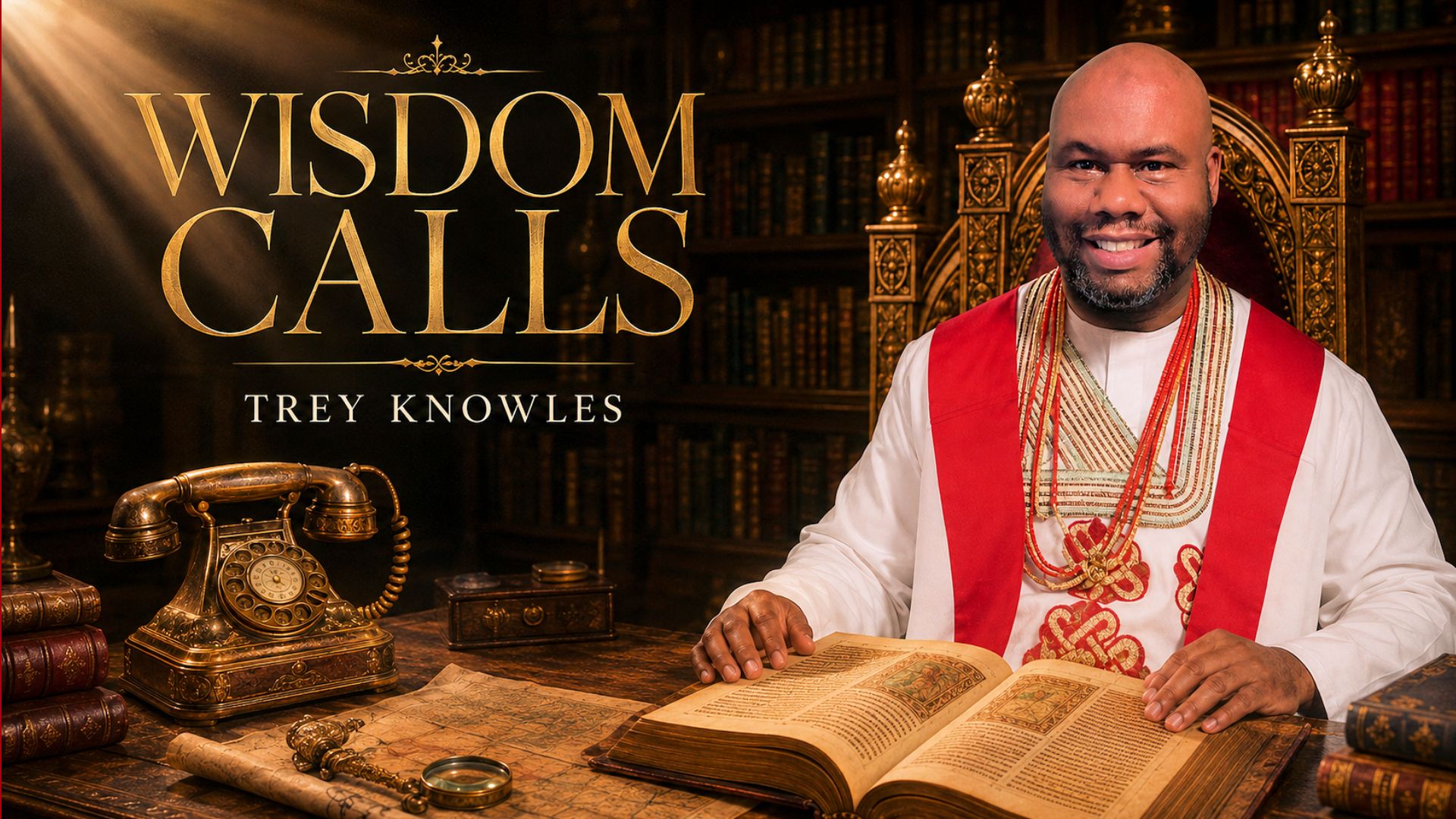 Wisdom Calls song cover featuring Trey Knowles in a royal study with an open book and antique telephone